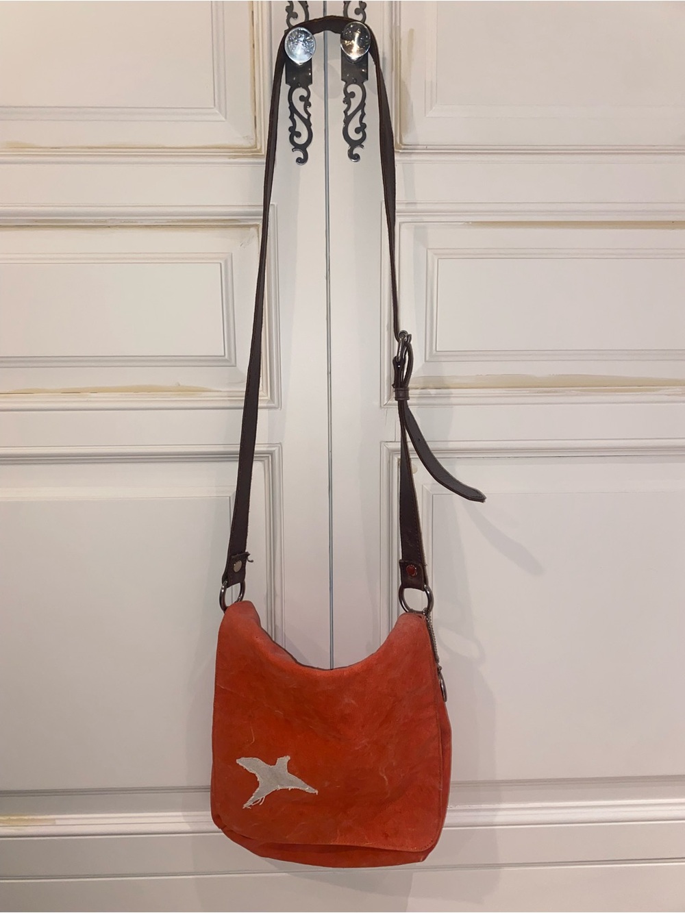 Women’s Canvas Messenger Style Crossbody Bag in Burnt Orange with Bird Accent